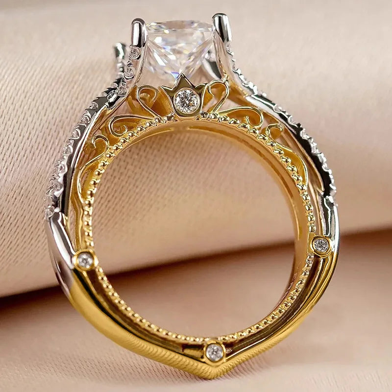 925 Sterling Silver Modern Fashion Princess CZ Two Tone Ring Luxury Bridal Wedding Statement Jewellery