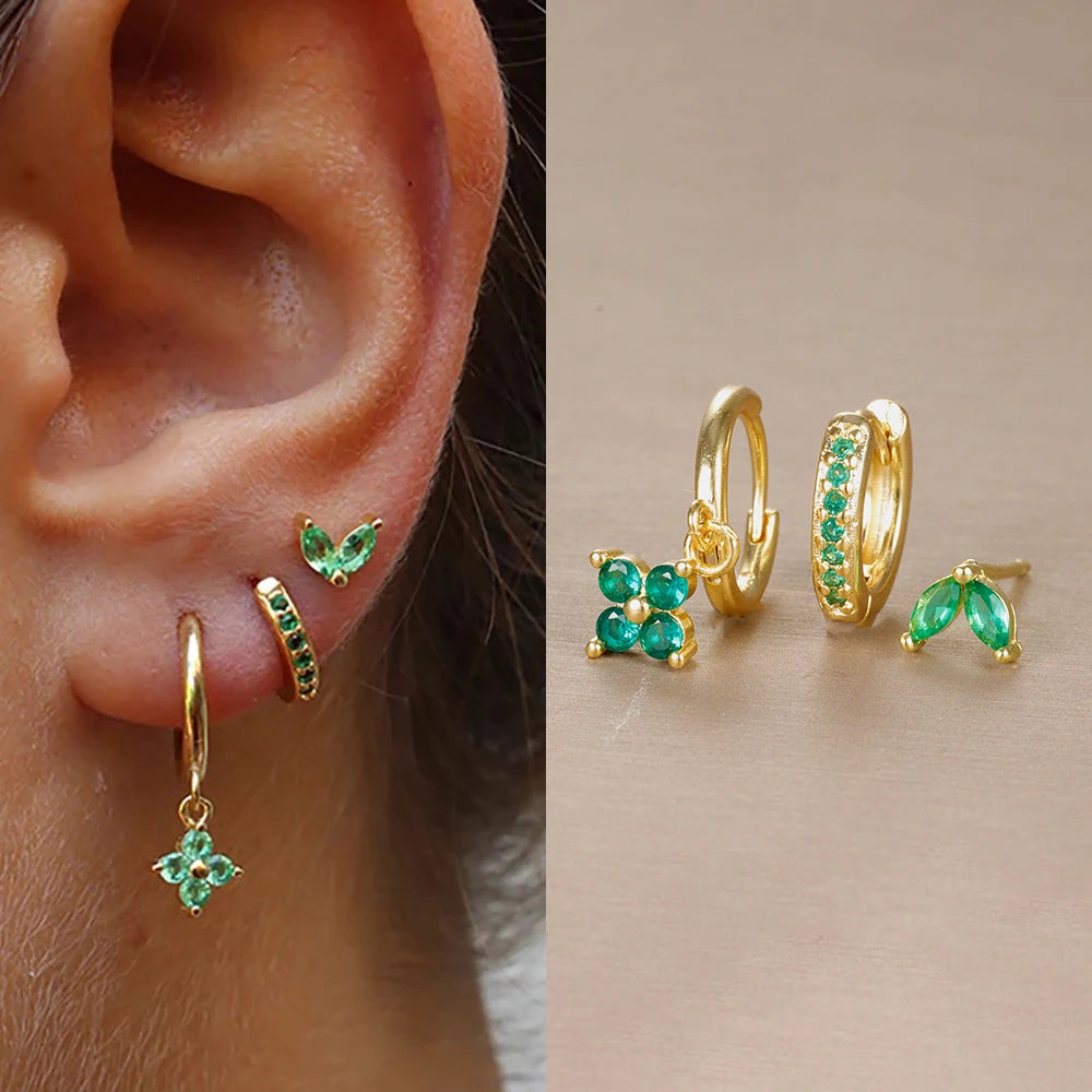 3PCS Trendy Stainless Steel Flower Drop Earring Set Zirconia Dangle