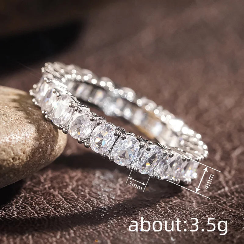 925 Sterling Silver Shiny Inlaid Oval Cubic Zirconia Ring Simple Style Wedding Party Trendy Jewellery