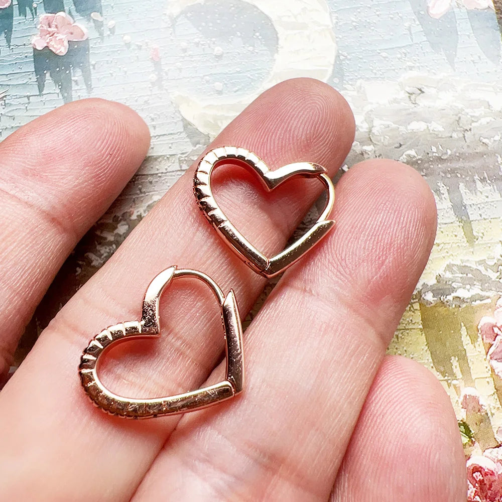 Rose Gold Heart Hoop Earrings Real 925 Sterling Silver Romantic Gift