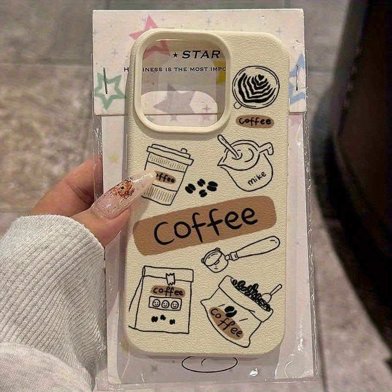 Winter Coffee Pattern Lychee Case for iPhone 17 16 15 14 Pro Max