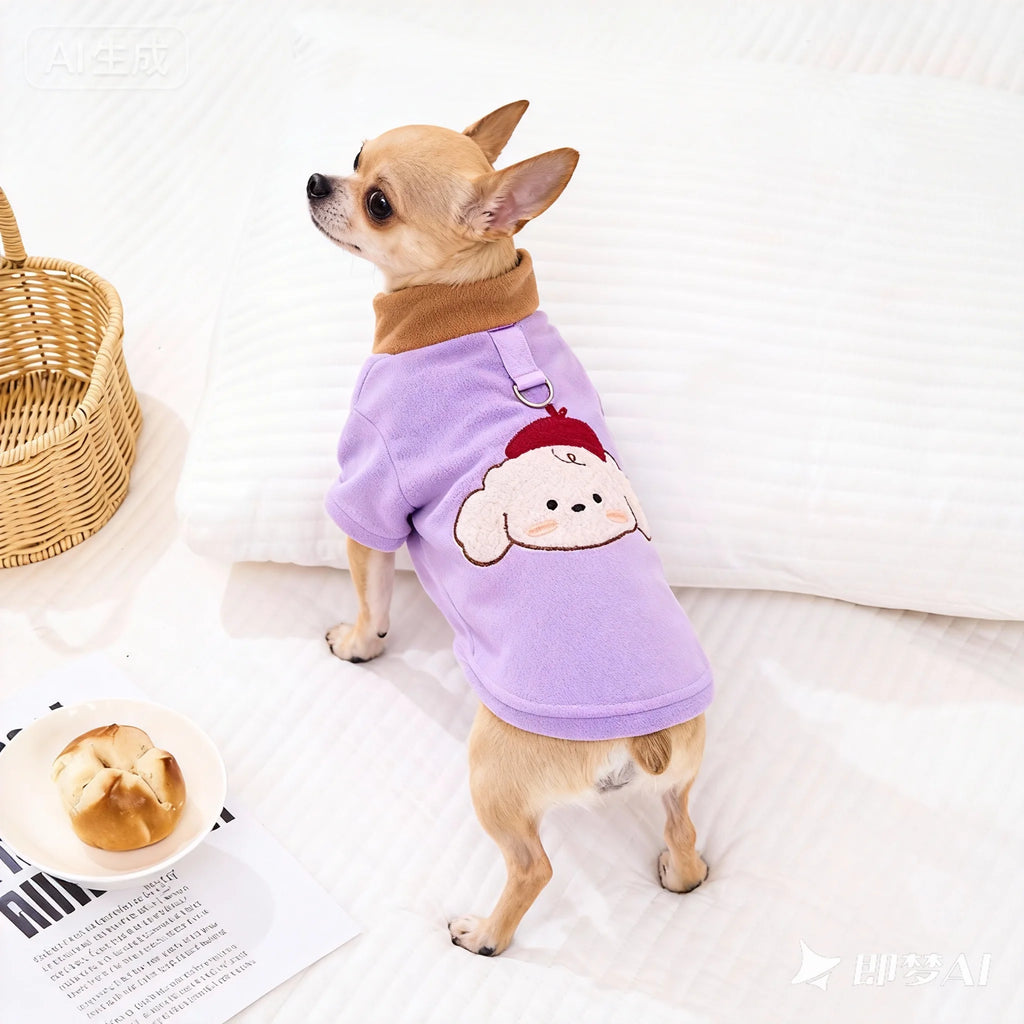 Cute Printed Plush Dog Hoodie - Soft Fleece Puppy Sweater, Skin-friendly & Warm, Pet Costume Clothes for Small Dogs