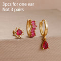3PCS Unique Stainless Steel Earrings Set Rose Red Crystal Zircon