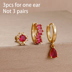 3PCS Unique Stainless Steel Earrings Set Rose Red Crystal Zircon