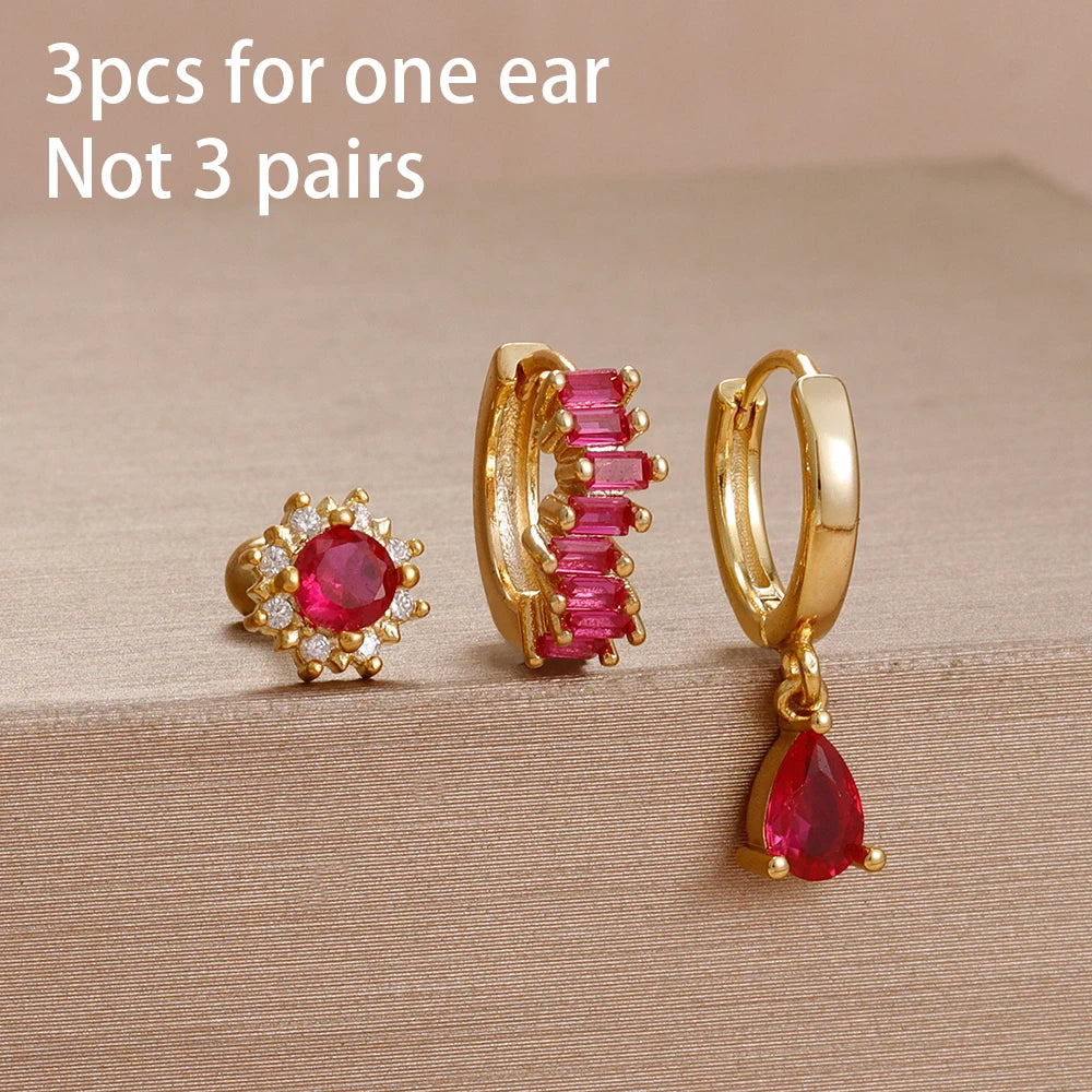 3PCS Unique Stainless Steel Earrings Set Rose Red Crystal Zircon