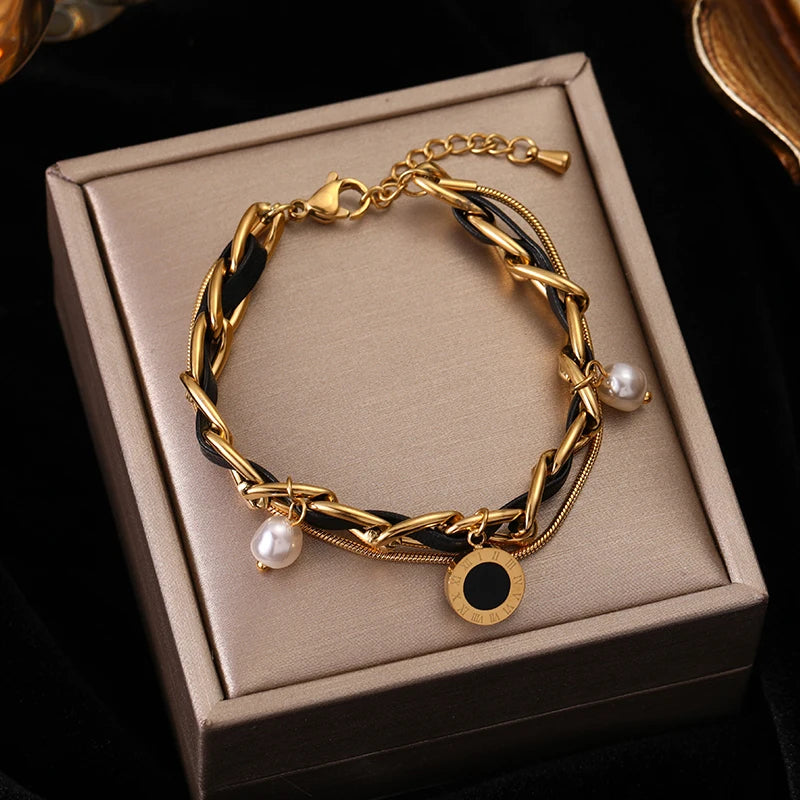 Gold Colour Multilayer Stainless Steel Charm Bracelet Men Women Bangle