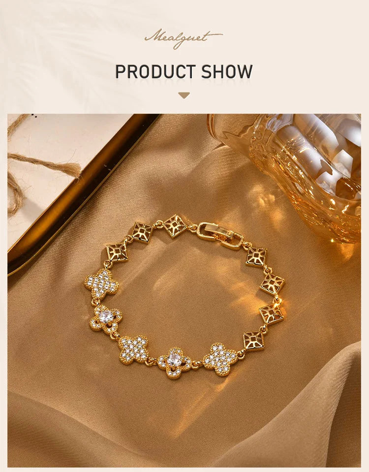Cubic Zirconia Floral Bracelet for Women18k Gold Plated Link Statement Jewelry