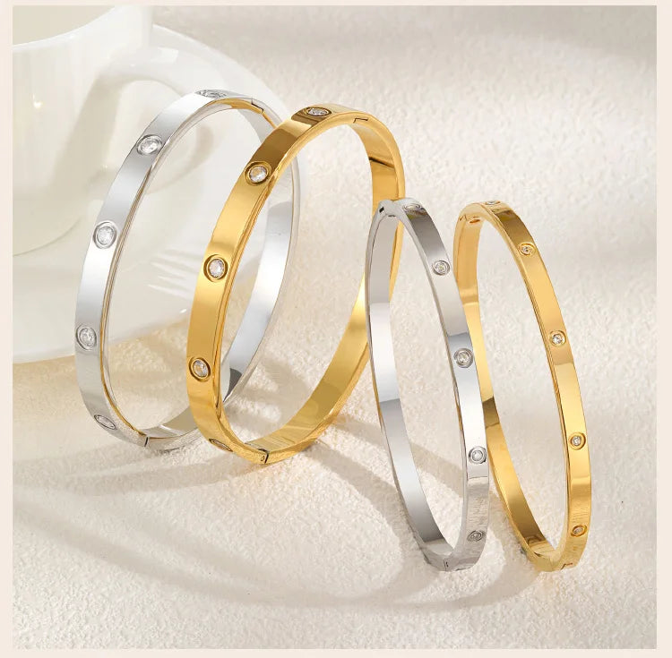 Cubic Zirconia Love Friendship Bracelets,6mm 4mm Women Bangles With CZ Stones, 18K Gold Plated Stainless Steel Jewelry