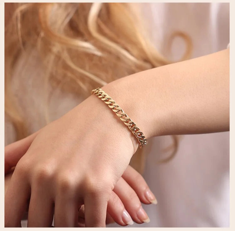 Stainless Steel Chain Bracelet Women, 3mm to 9mm Curb Cuban Chain Bangle Gold Color Unisex Wrist Stackable Jewelry