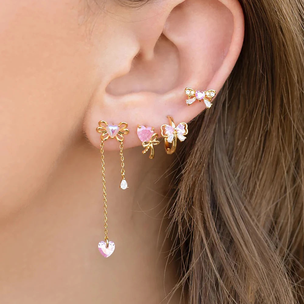 2PCS Pink Zircon Chain Tassel Bowknot Drop Earrings Sweet Pendant