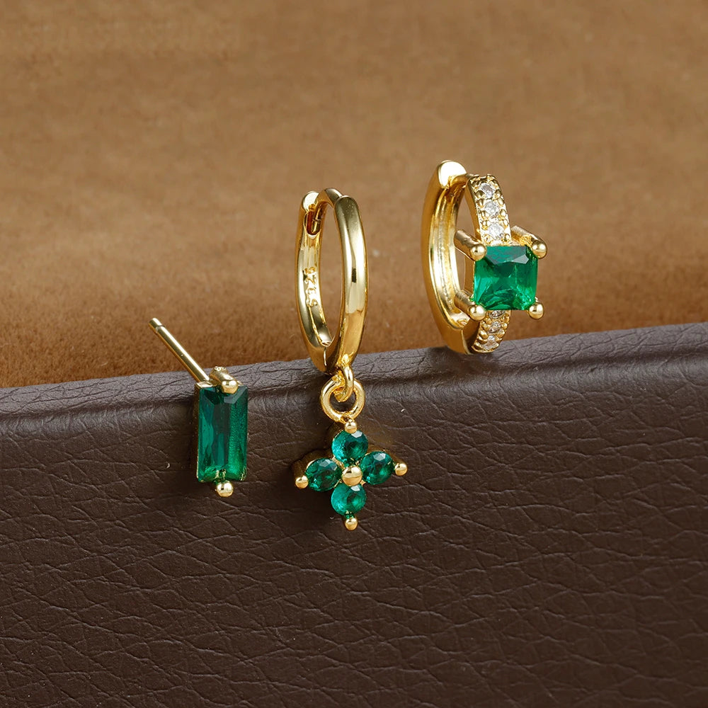 3PCS Stainless Steel Flower Crystal Zirconia Hoop Earrings Square