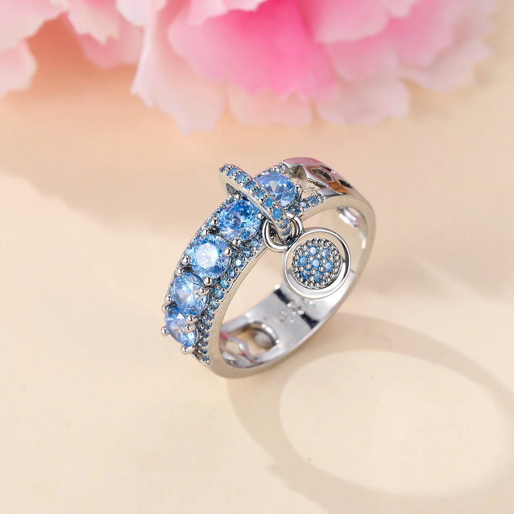 Luxury Female Lake Blue Yellow Black Pink Red Stone Round Dangle Rings For Women Silver Color Green Zircon Wedding Bands Jewelry