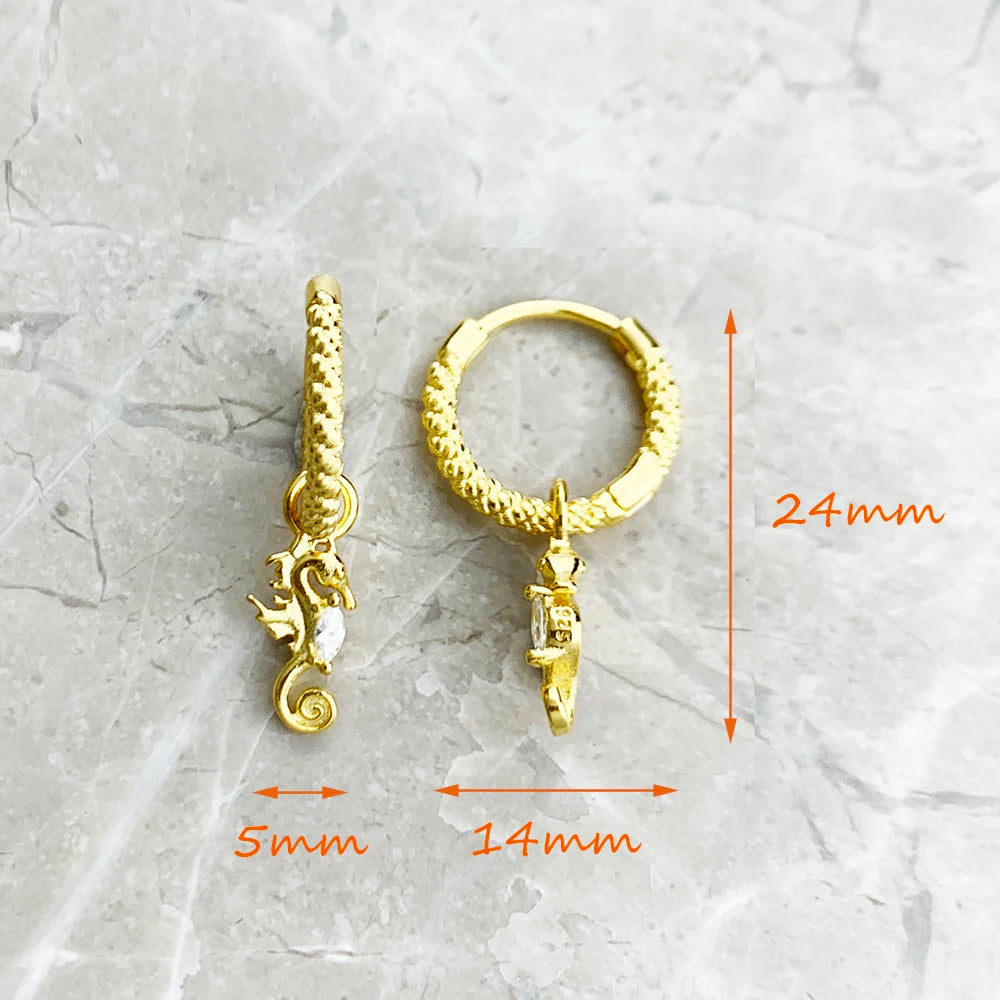 Seahorse Gold Creole Hinged Hoop Earrings Solid 925 Sterling Silver
