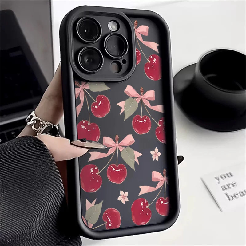 Small Cherry Pattern Case for iPhone 17 16 15 14 13 12 11 Pro Max XR XS Mini