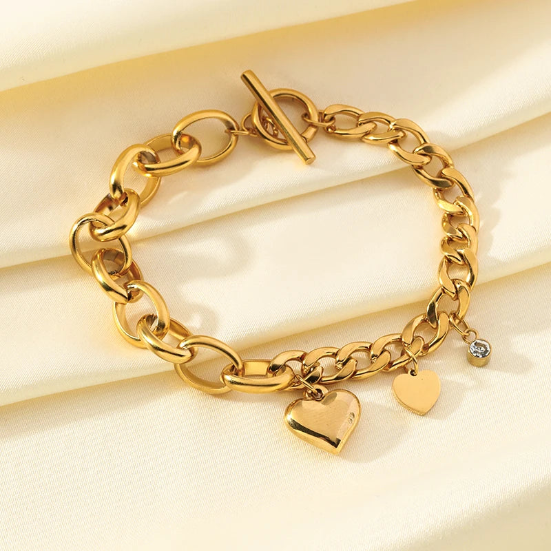 Gold Colour Stainless Steel Bangle 18K Plated Heart Wrist Chain