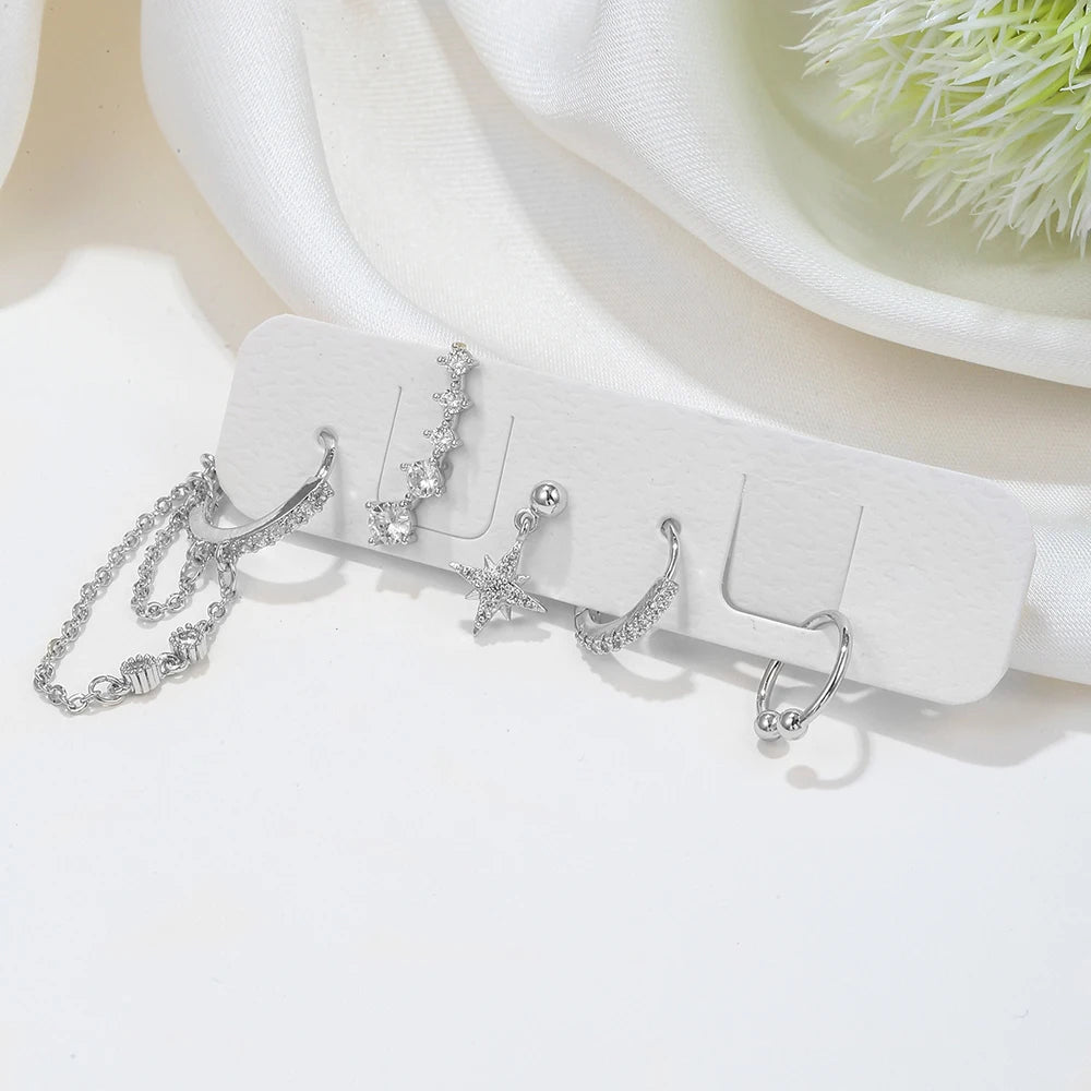 2PCS Gold Colour Crystal Zirconia Chain Hoop Earrings Small Pendant