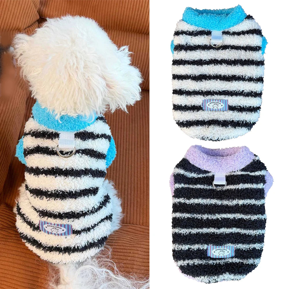 Striped Plush Pet Vest Warm Fleece Dog Cat Sweater Sleeveless Puppy Outfit