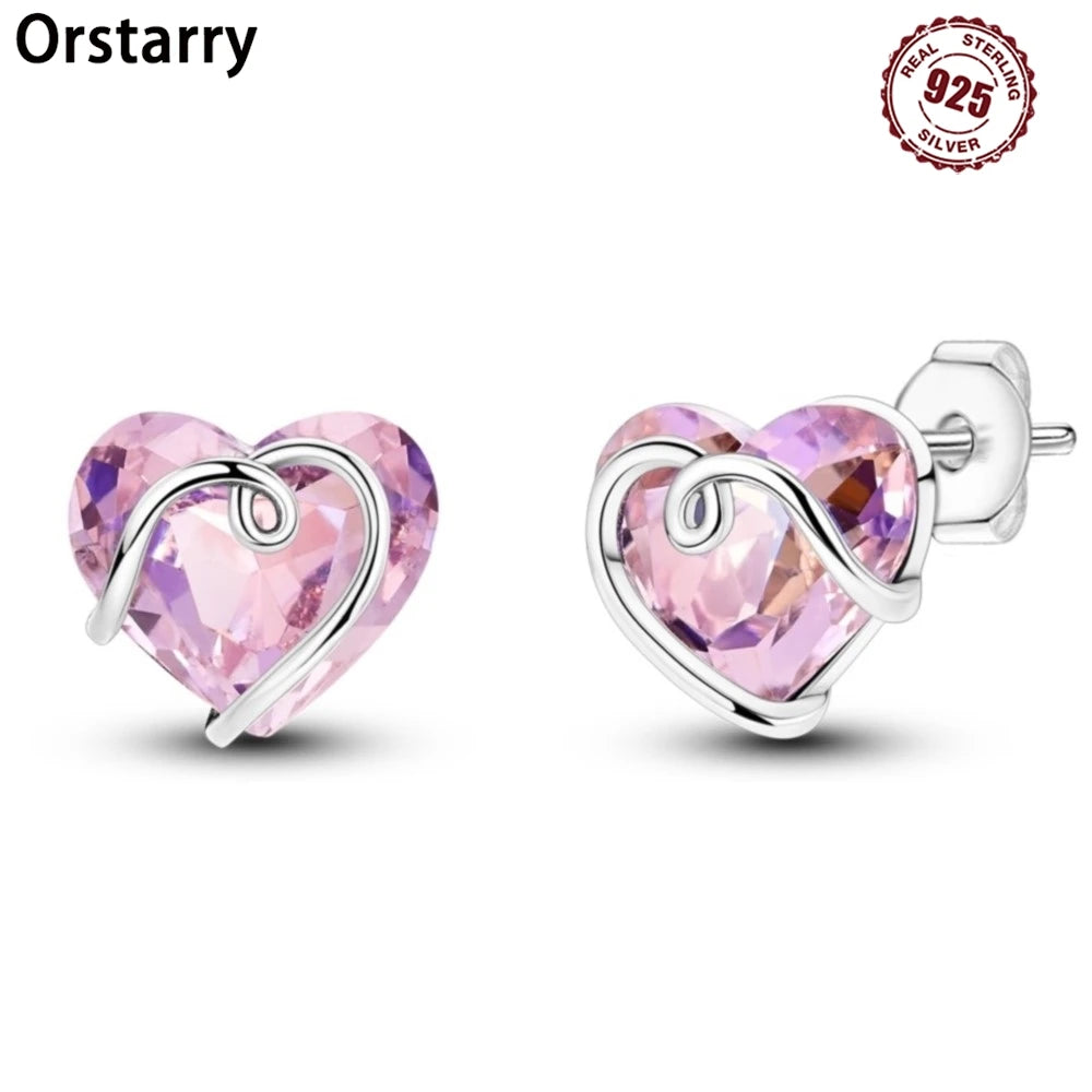 925 Sterling Silver Romantic Pink Love Heart Stud Earrings Birthday Gift