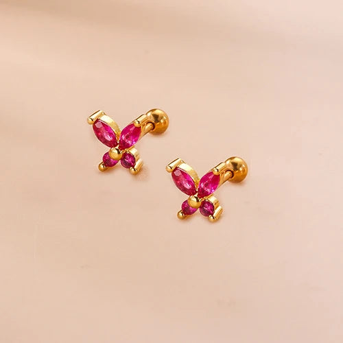 2PCS New Stainless Steel Rose Red Mini Piercing Stud Earrings