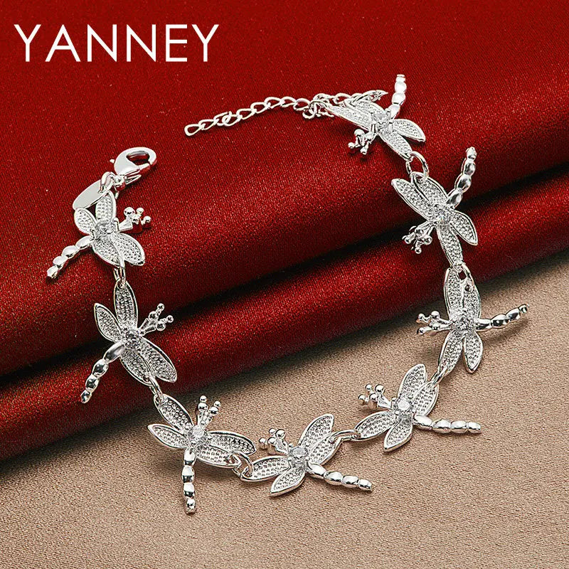 925 Sterling Silver 8-inch Dragonfly Bracelet Women Wedding Party Jewellery