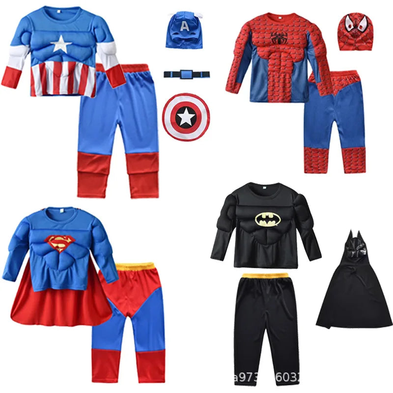 Spiderman Muscle Cosplay Suit Superhero Boys Girls Top Pants Cape Halloween