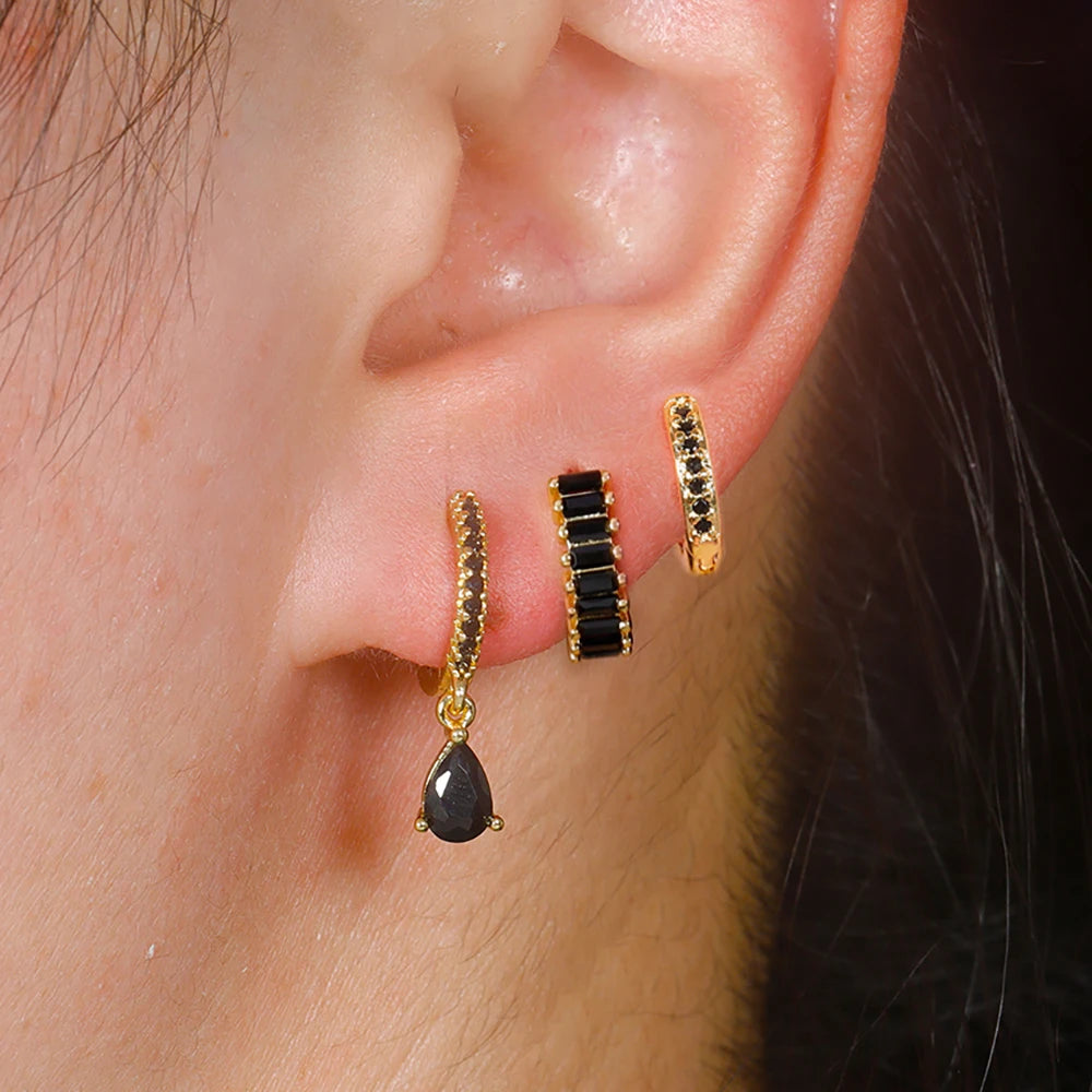 3PCS Stainless Steel Gold Plated Hoop Earrings Zircon Pendant
