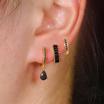 3PCS Stainless Steel Gold Plated Hoop Earrings Zircon Pendant