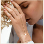 Stainless Steel Hand Chain Ring Bracelet for Women, Adjustable Gold Plated Doule-layer Bracelets, Christmas Party Jewelry