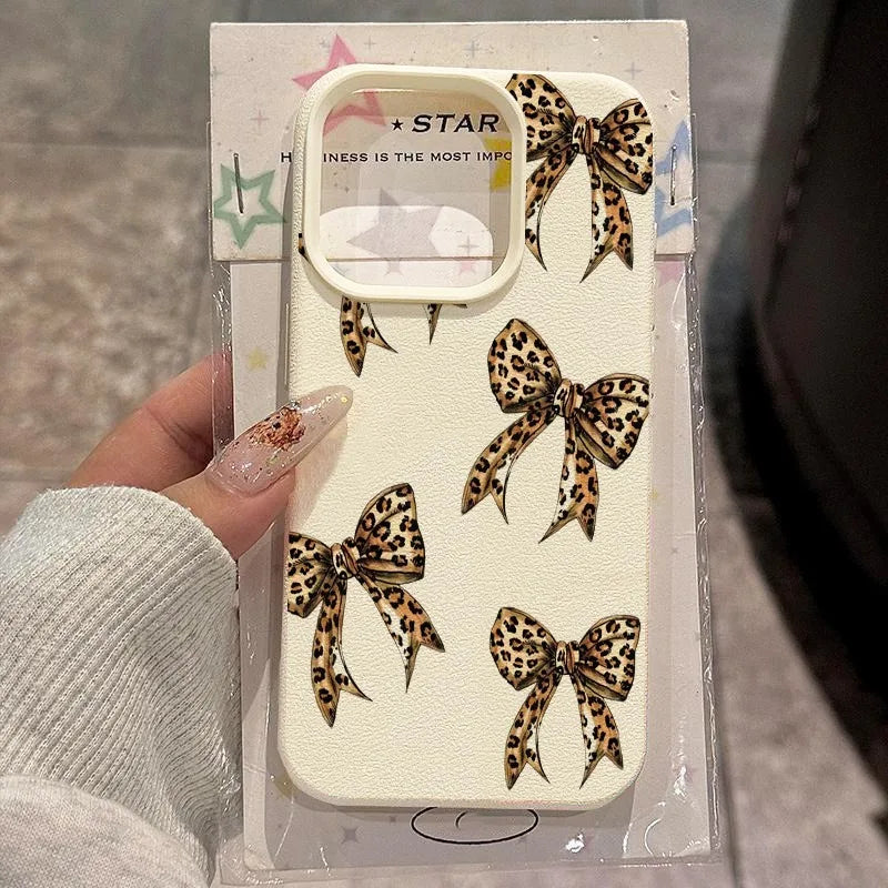 Brown Leopard Bow Lychee Case for iPhone 17 16 15 14 13 Pro Max