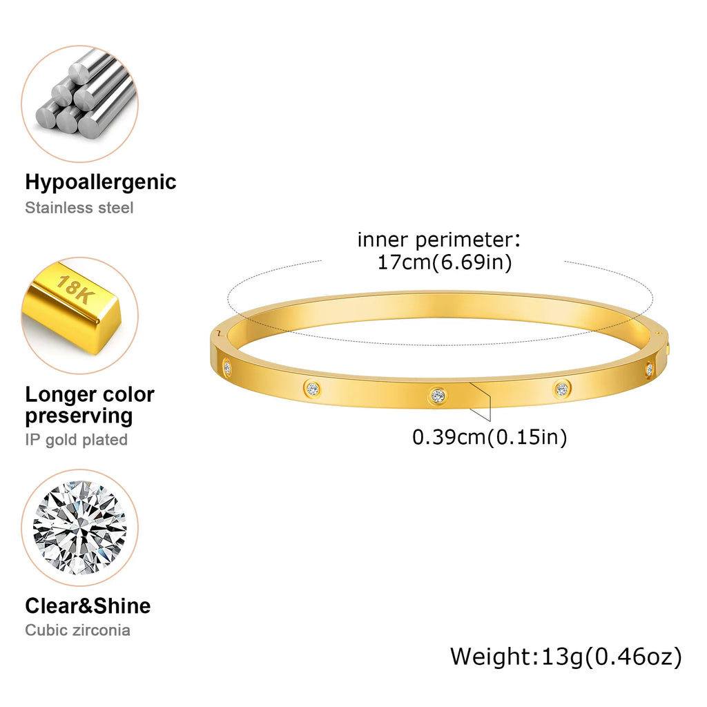 Cubic Zirconia Love Friendship Bracelets,6mm 4mm Women Bangles With CZ Stones, 18K Gold Plated Stainless Steel Jewelry