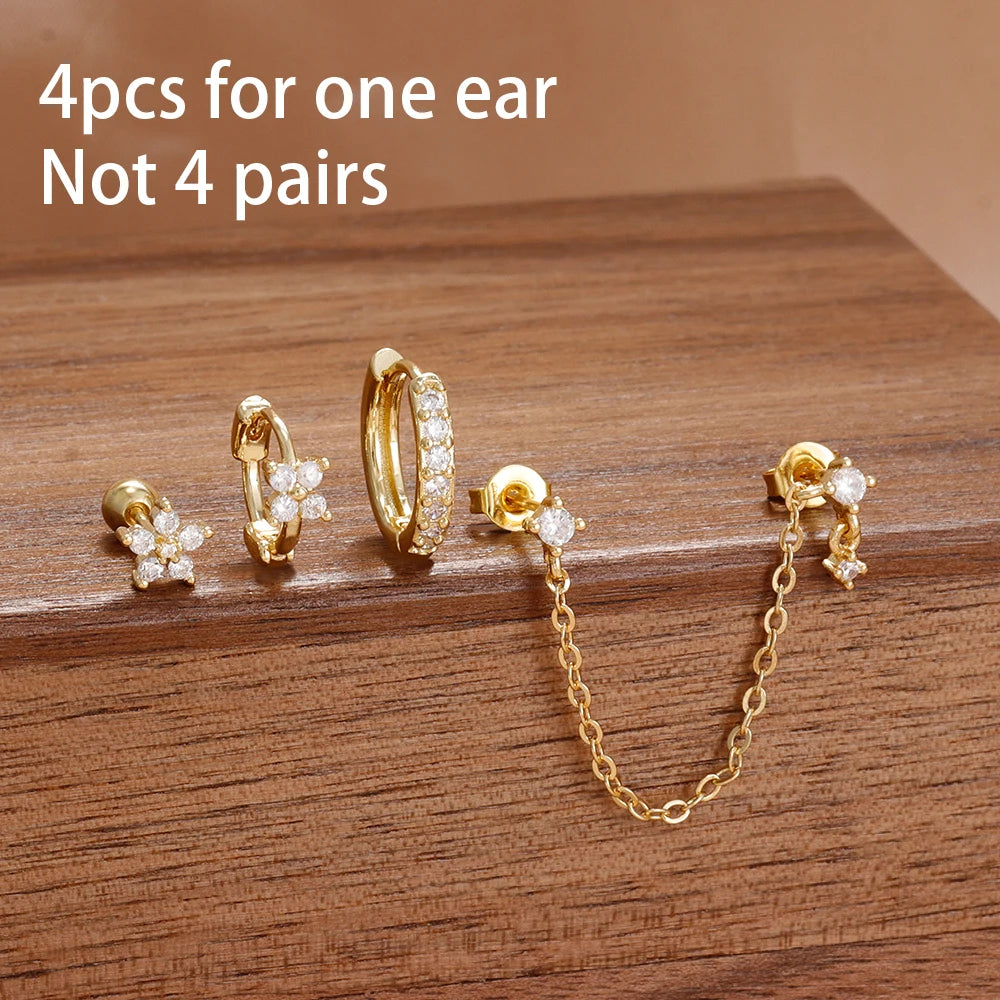 4PCS French Design Tassel Chain Pendant Hoop Earrings Set Zircon Stud