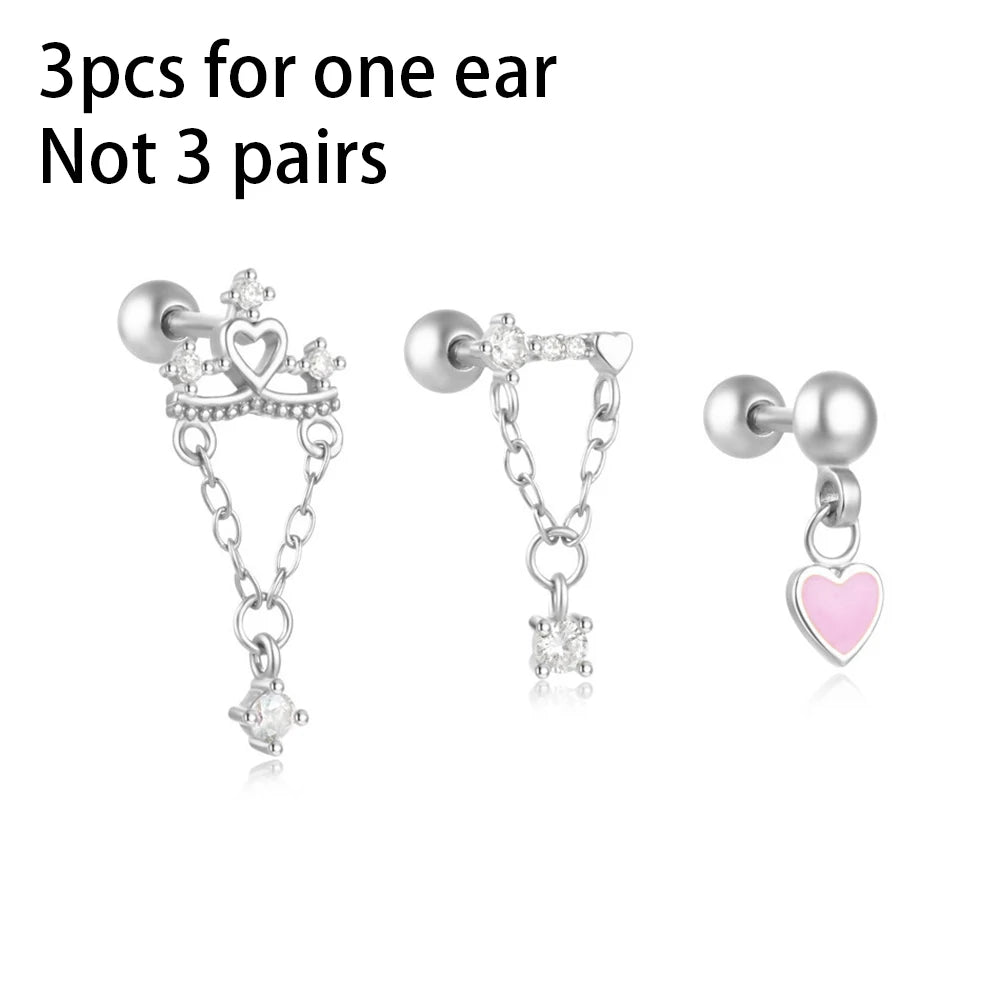 3PCS Stainless Steel Heart-Shaped Dangling Earrings Tassel Chain