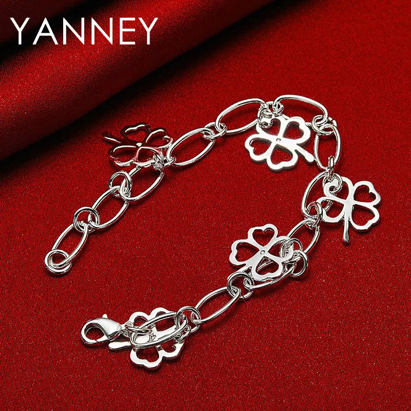 925 Sterling Silver Four-Leaf Clover Bracelet Women Party Jewellery Gift