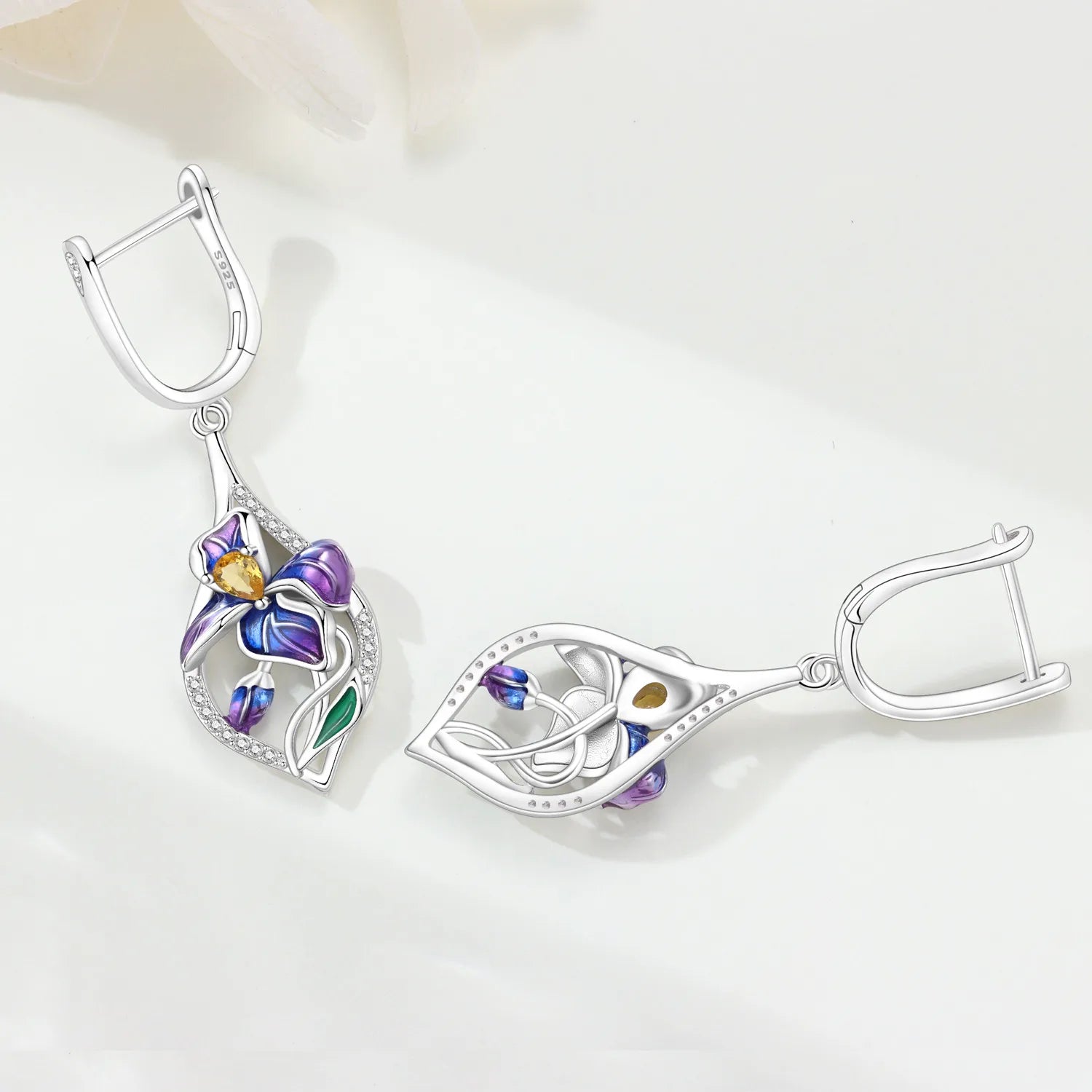 925 Sterling Silver Blue Purple Iris Flower Drop Earrings Trendy Jewellery