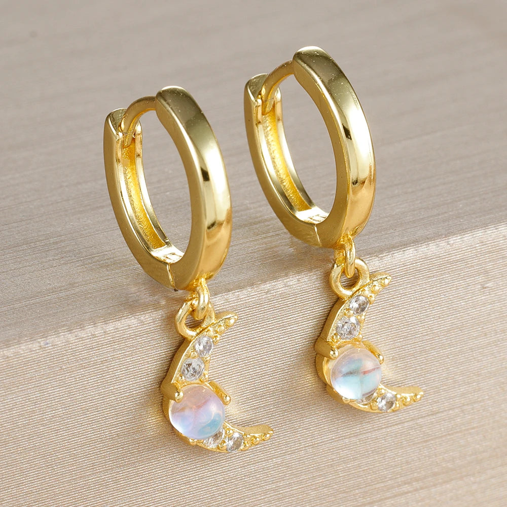2PCS New Star Moon Zircon Opal Hoop Earrings Stainless Steel Stud