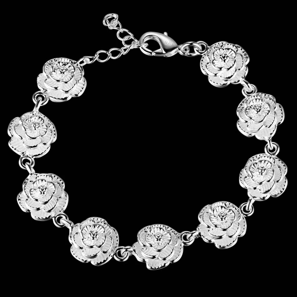 Rose Flower Chain Bracelet 925 Sterling Silver Women Pretty Wedding Jewellery