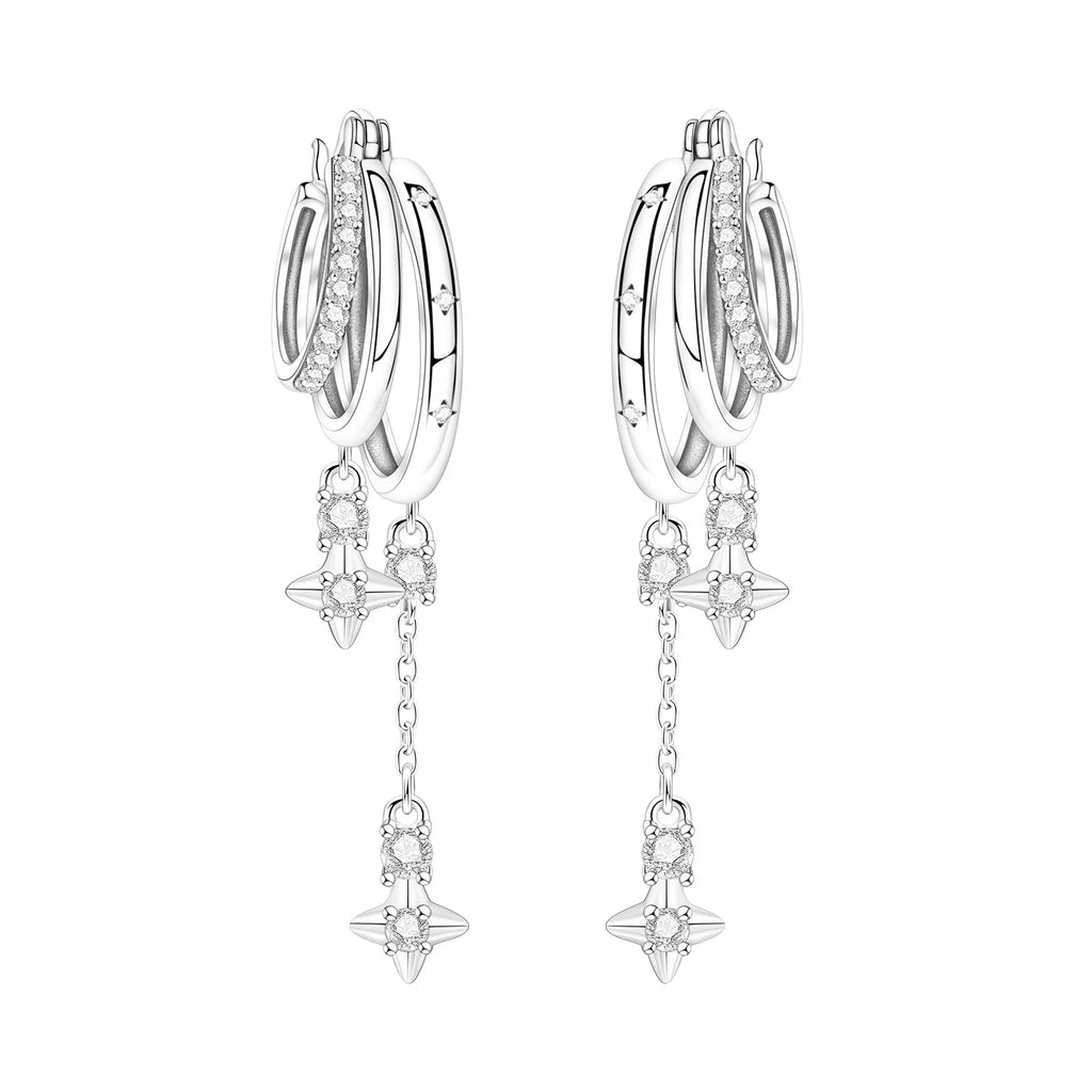 925 Sterling Silver Tassel Zircon Ear Studs Sparkling Hoop Earrings Gift