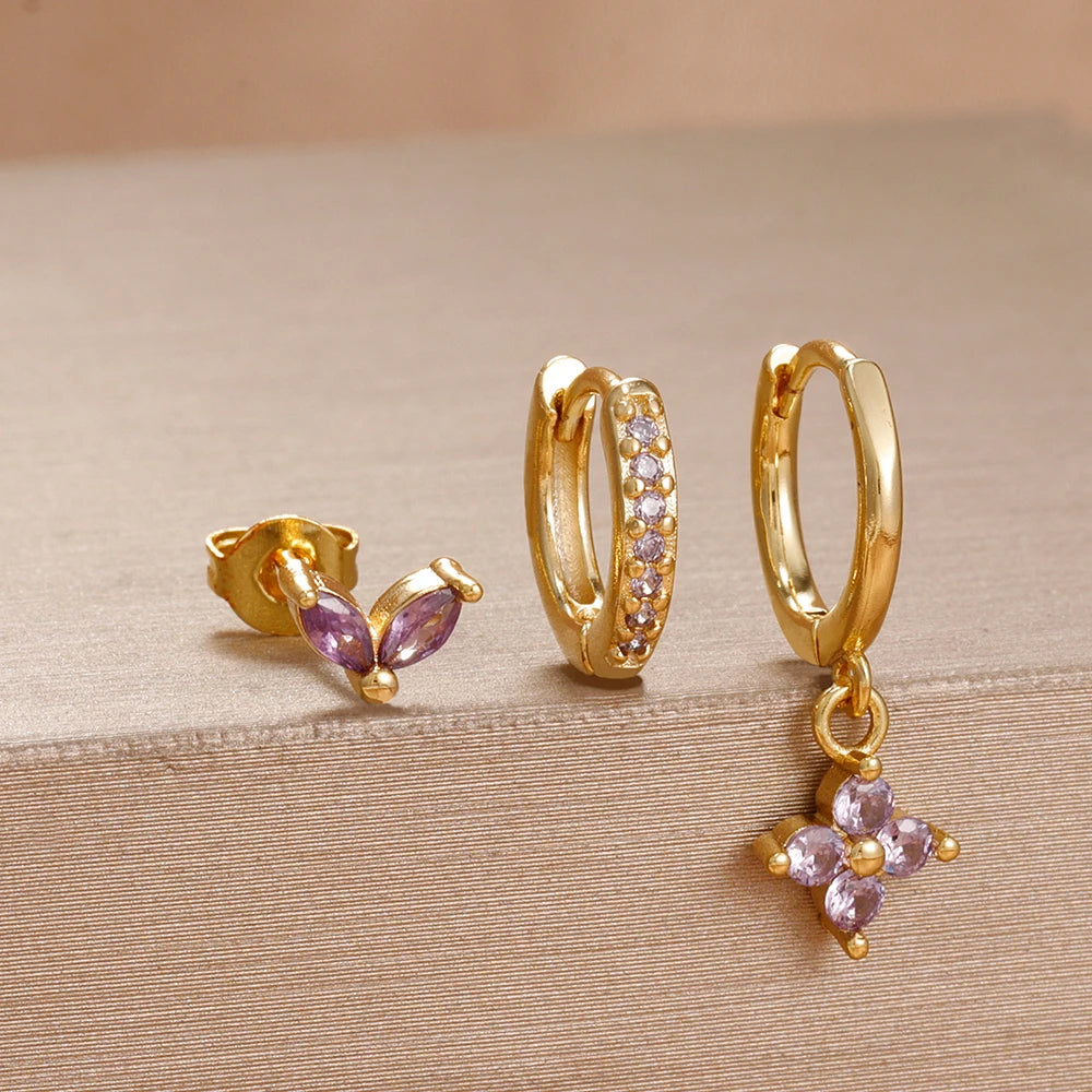 3PCS Purple Zircon Hoop Earrings for Women Stainless Steel Gold Pendant