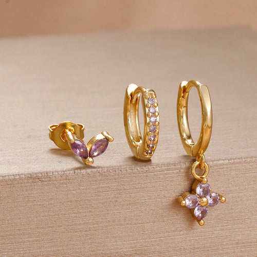 3PCS Purple Zircon Hoop Earrings for Women Stainless Steel Gold Pendant