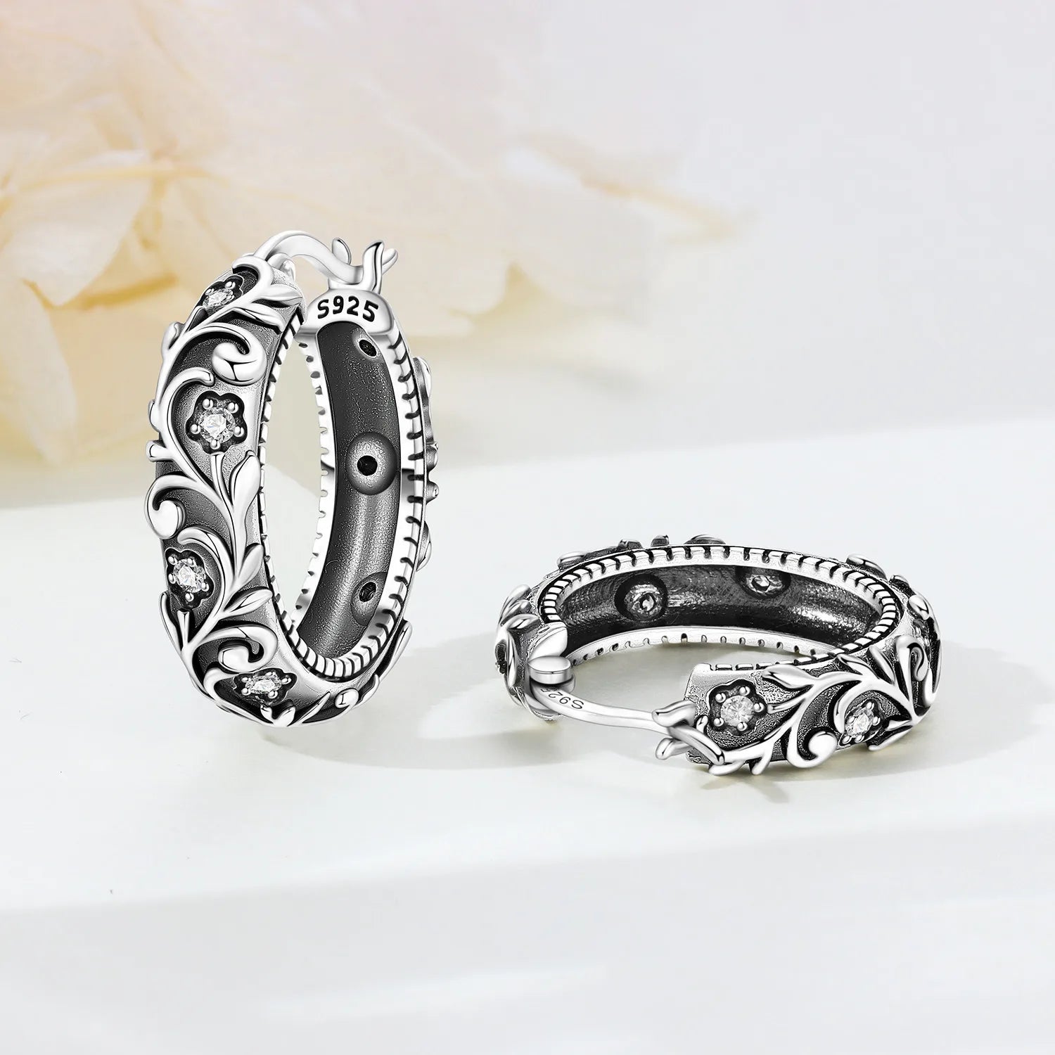925 Sterling Silver Curled Grass Pattern Flower Hoop Earrings Women's Jewellery