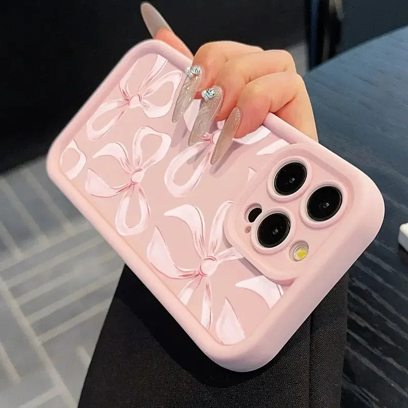 Gentle Pink Bow Soft Case for iPhone 16 17 15 14 13 12 11 Pro Max Plus SE
