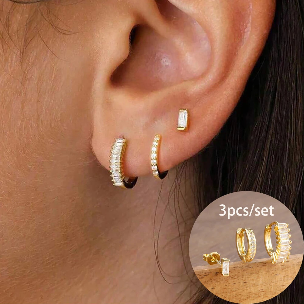 3PCS Trendy Round Circle Hoop Earrings Square Stud Cartilage Piercing
