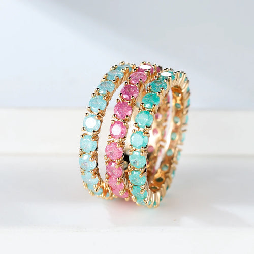 Fashion Single Row Stone Blue Green Pink Ice Flower Zircon Stacking Engagement Rings For Women Gold Color Round Wedding Bands
