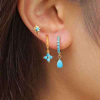 3PCS Stainless Steel Cubic Zirconia Water Drop Hoop Earrings Blue