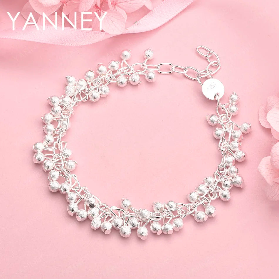 925 Sterling Silver 8-inch Frosted Beaded Bracelet Women Wedding Jewellery
