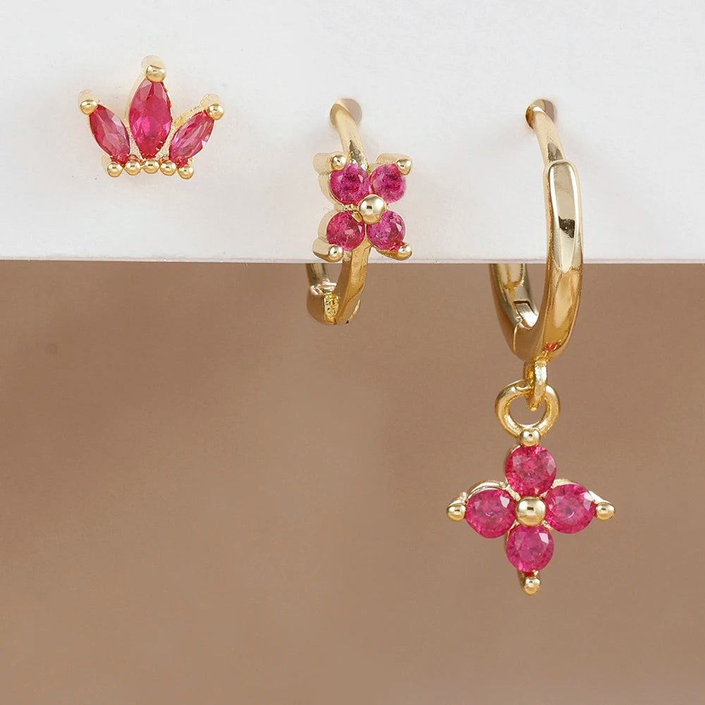 3PCS Stainless Steel Rose Red Zircon Flower Dangle Earring 18K Gold