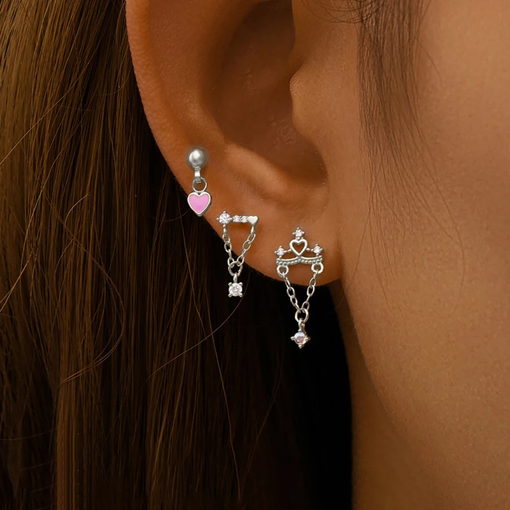 3PCS Stainless Steel Heart-Shaped Dangling Earrings Tassel Chain