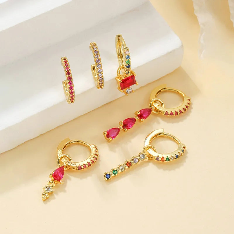 Luxury Rose Red Zircon Stainless Steel Water Drop Hoop Earring