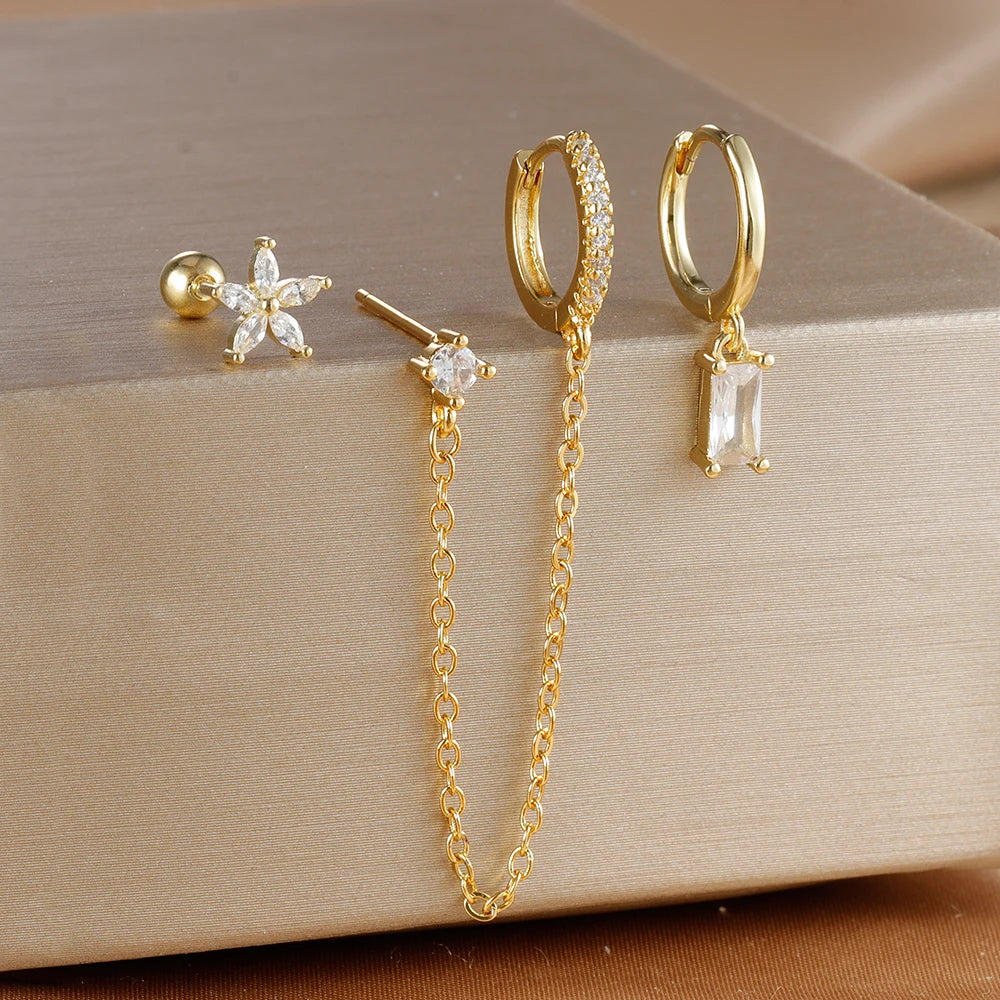 3PCS Gold Plated Lightning Flower Chain Drop Earrings Zircon Dangle