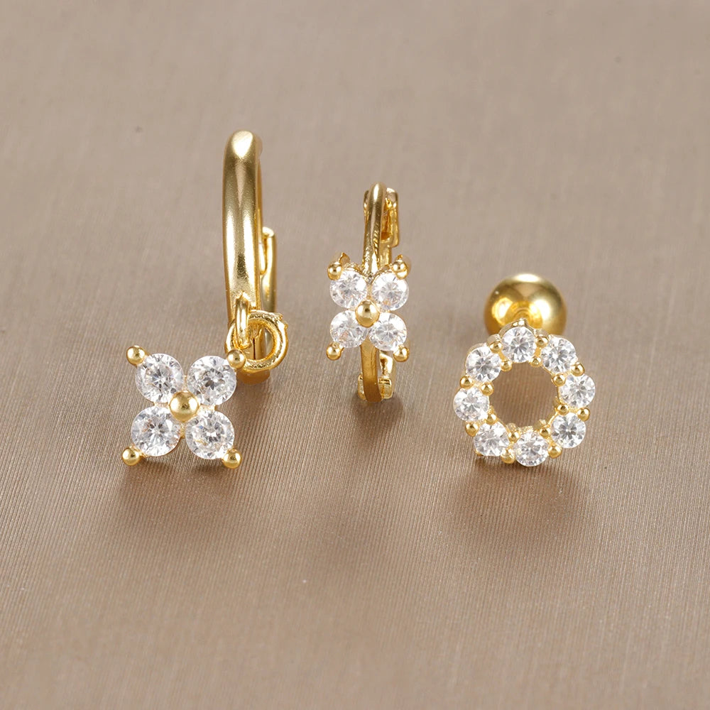 3PCS Vintage Design Four Flower Zircon Hoop Earrings Set Steel